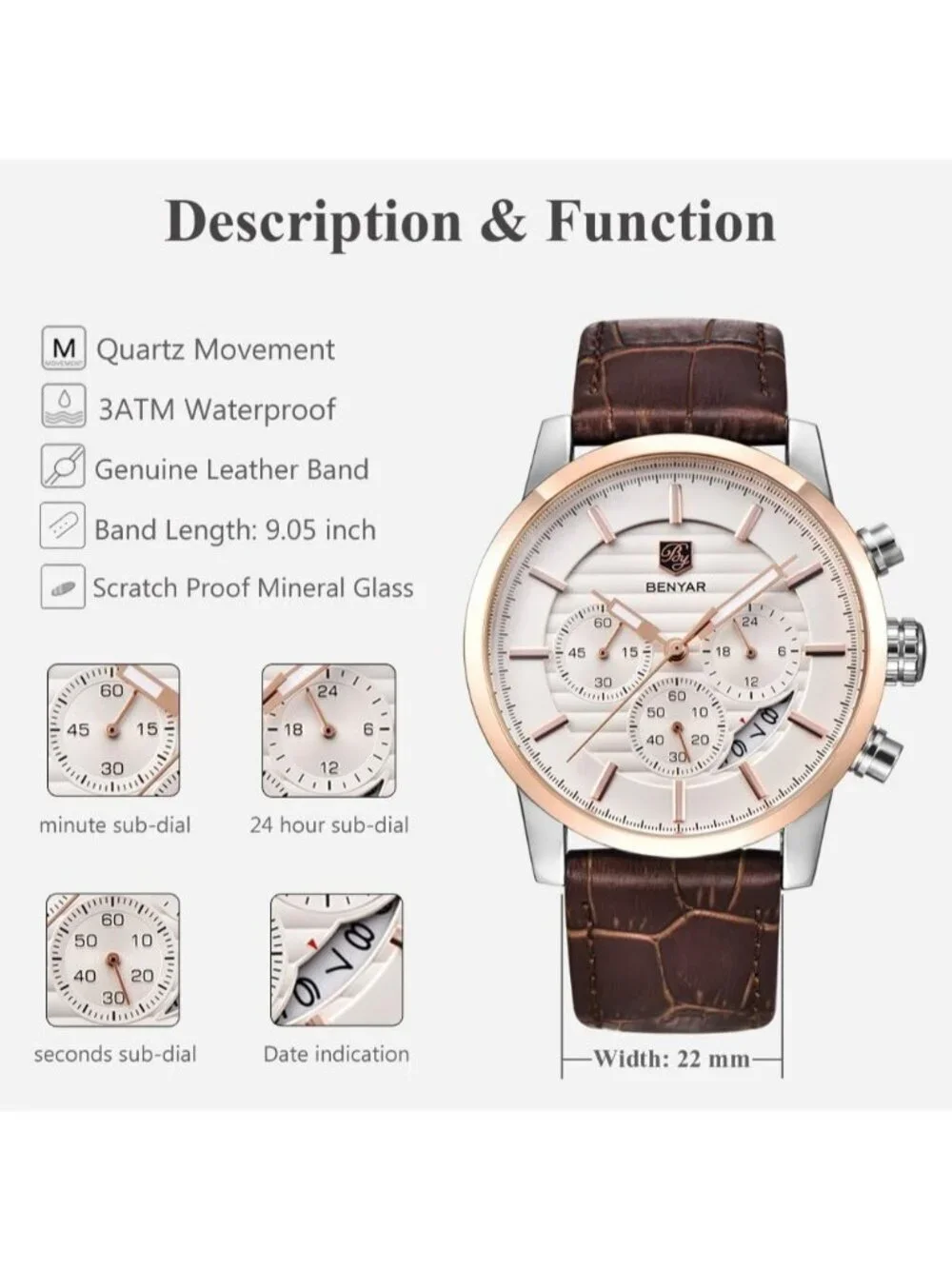 Mens Rose Gold And White Analog Leather Strap Chronograph Waterproof Wrist Watch